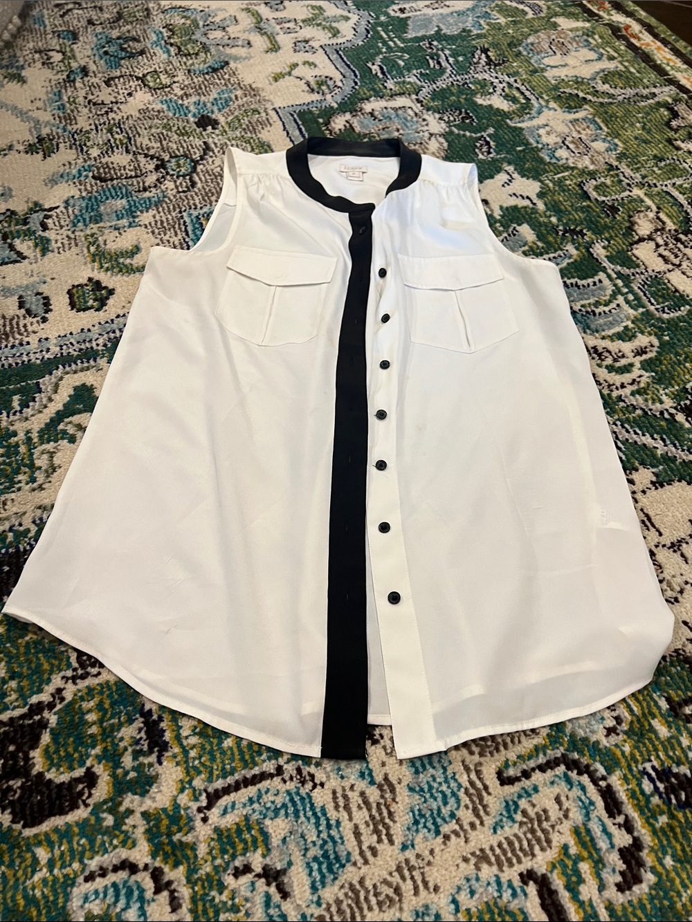 J. Crew White Sleeveless Button-Down Shirt with Black Placket and Collar